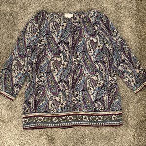 J Jill Blue & Purple Paisley Three Quarter Sleeve W/ Faux Draped Back